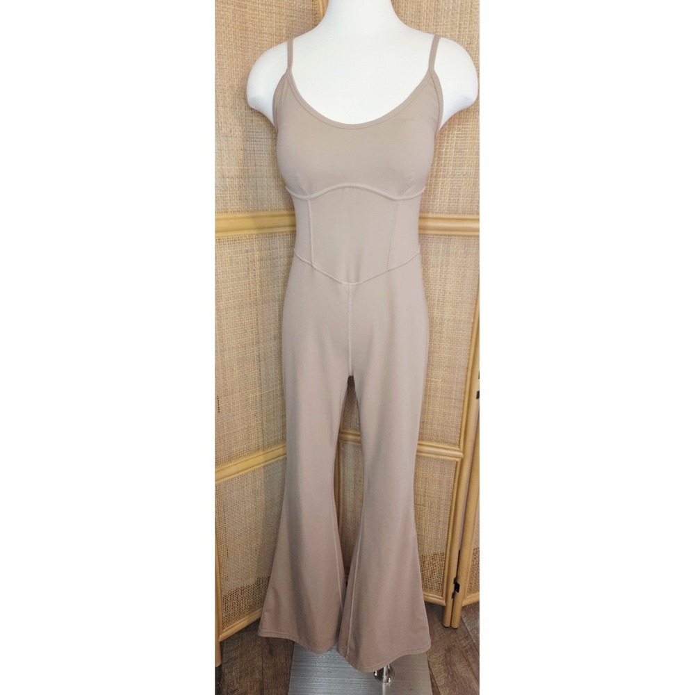 JoyLab Womens Latte Flare Long Bodysuit Tan Athleisure Yoga Jumpsuit Large - Picture 3 of 7